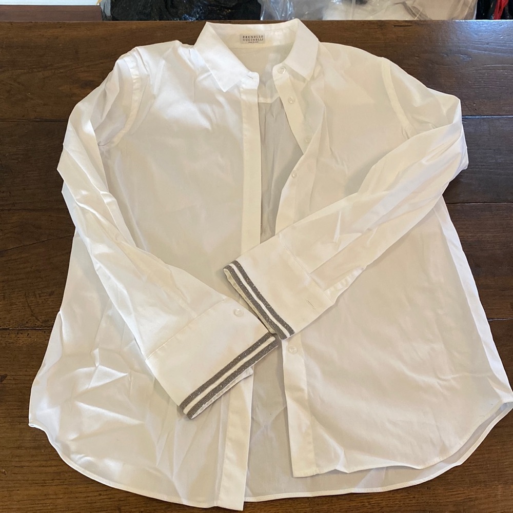Brunello Cucinelli White Button-Down Shirt with Metallic Trim